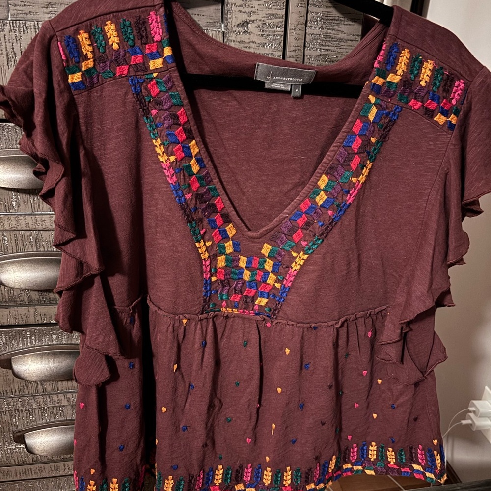 Anthropologie Embroidered deep purple Top with Multicolor Accents